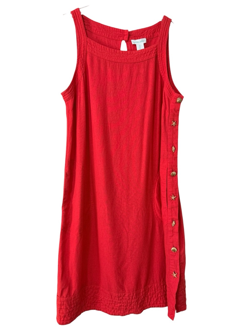 Linen Cynthia Rowley Red Sleeveless Midi Dress Side Seashell Button Detail Large